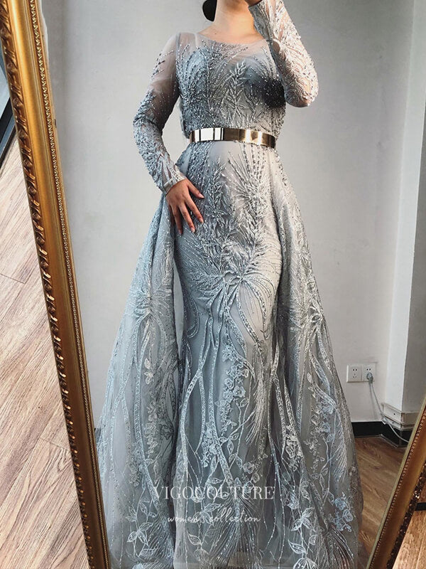 Prom Dress 2025 Grey Long Sleeve Formal Dresses Beaded Evening Dresses 21532-unique elegant Prom Dresses-Grey-US2-vigocouture