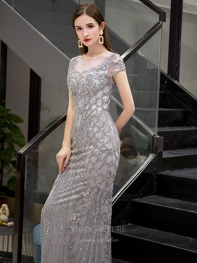 Prom Dress 2025 Grey Mermaid Beaded Prom Dress 20251-unique elegant Prom Dresses-Grey-US2-vigocouture