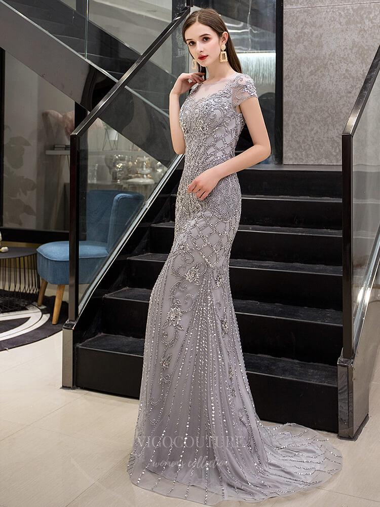 Prom Dress 2025 Grey Mermaid Beaded Prom Dress 20251-unique elegant Prom Dresses-Grey-US2-vigocouture