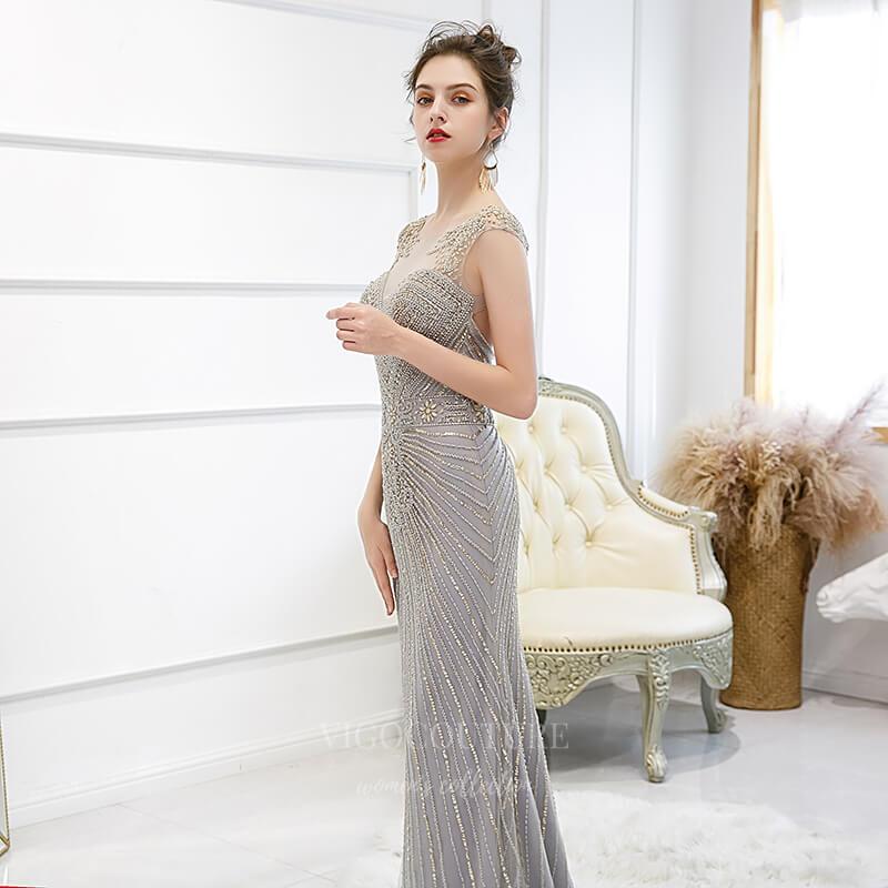 Prom Dress 2025 Grey Mermaid Beaded Prom Dress 20262-unique elegant Prom Dresses-Grey-US2-vigocouture