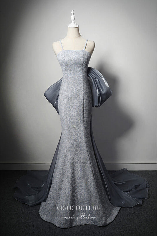 Prom Dress 2025 Grey Mermaid Bow-Tie Prom Dresses with Spaghetti Strap 22367-unique elegant Prom Dresses-Grey-Custom Size-vigocouture