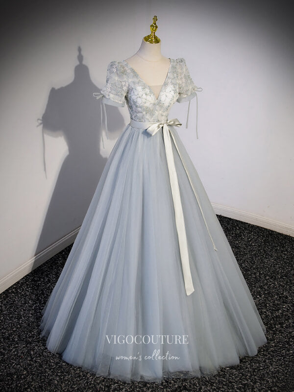 Grey Sequin Lace Prom Dresses Short Sleeve V-Neck Formal Gown 24417 vigocouture Grey Sequin Lace Prom Dresses Short Sleeve V-Neck Formal Gown 24417 vigocouture