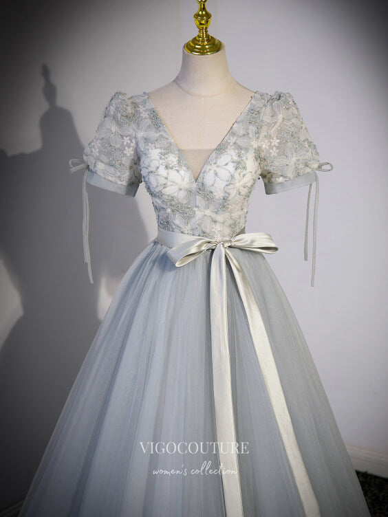 Grey Sequin Lace Prom Dresses Short Sleeve V-Neck Formal Gown 24417 Grey / 24W Grey Sequin Lace Prom Dresses Short Sleeve V-Neck Formal Gown 24417 Grey / 24W