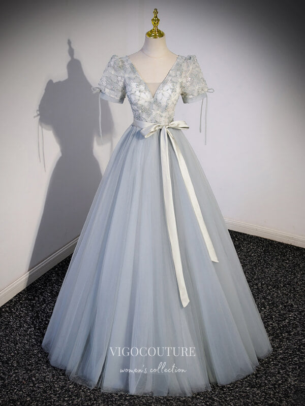 Prom Dress 2025 Grey Sequin Lace Prom Dresses Short Sleeve V-Neck Formal Gown 24417-unique elegant Prom Dresses-Grey-Custom Size-vigocouture