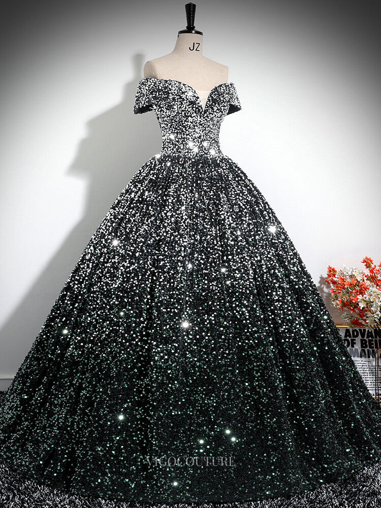 Prom Dresses 2025 to impress Grey Sequin Prom Dresses Off the Shoulder Sparkly Quinceanera Dresses BG030-vigocouture-vigocouture