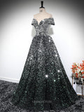 Prom Dresses 2025 to impress Grey Sequin Prom Dresses Off the Shoulder Sparkly Quinceanera Dresses BG030-vigocouture-vigocouture