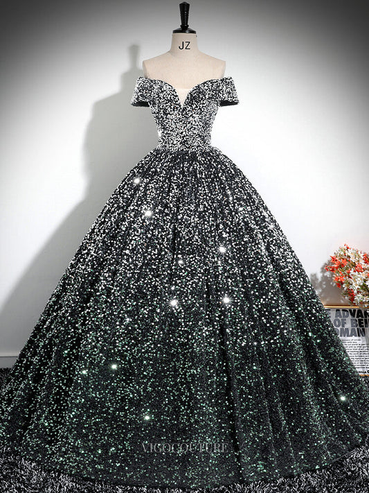 Prom Dresses 2025 to impress Grey Sequin Prom Dresses Off the Shoulder Sparkly Quinceanera Dresses BG030-vigocouture-Grey-Custom Size-vigocouture