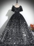 Grey Sequin Prom Dresses with Short Sleeve, Sparkly Quinceanera Dresses BG031