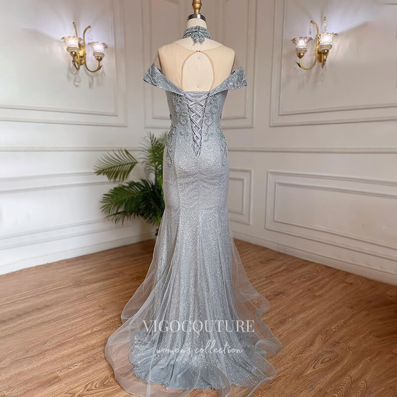 Prom Dress 2025 Grey Sparkly Beaded Evening Gowns Mermaid Pageant Dress 22092-unique elegant Prom Dresses-Grey-US2-vigocouture