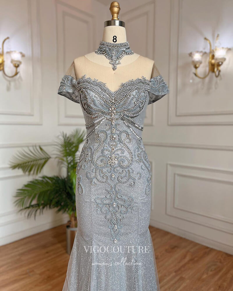 Prom Dress 2025 Grey Sparkly Beaded Evening Gowns Mermaid Pageant Dress 22092-unique elegant Prom Dresses-Grey-US2-vigocouture