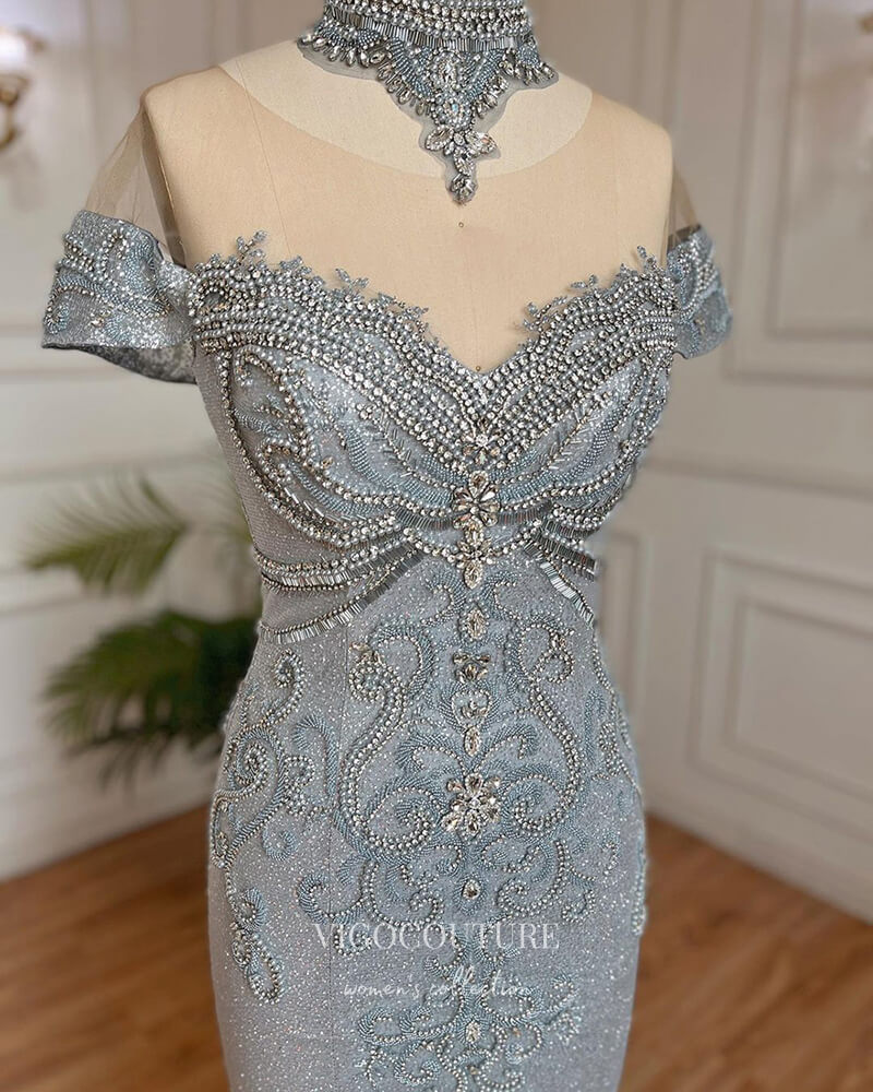 Prom Dress 2025 Grey Sparkly Beaded Evening Gowns Mermaid Pageant Dress 22092-unique elegant Prom Dresses-Grey-US2-vigocouture