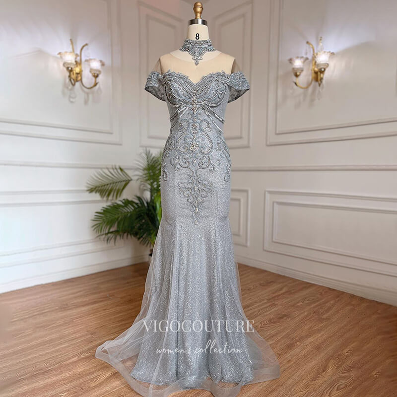 Prom Dress 2025 Grey Sparkly Beaded Evening Gowns Mermaid Pageant Dress 22092-unique elegant Prom Dresses-Grey-US2-vigocouture