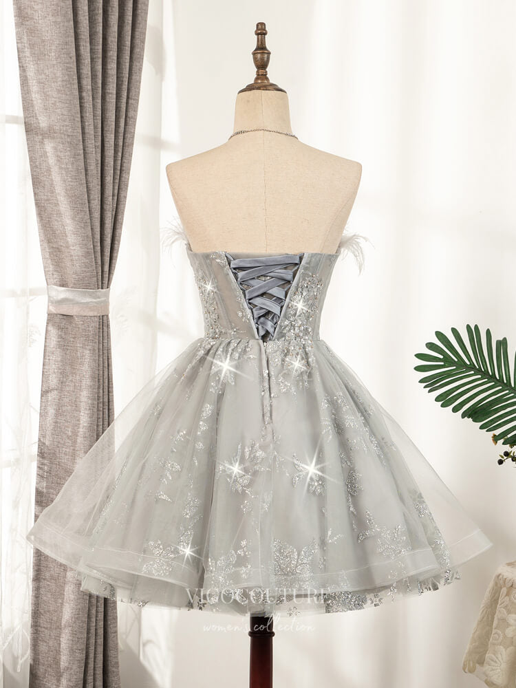 short silver dama dresses Lace Appliqued Silver Satin Short Prom Dresses Cute Homecoming Dresses,apd2486