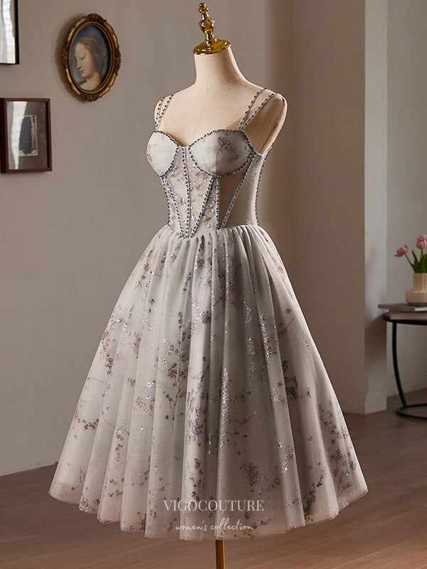 Grey Sparkly Lace Hoco 2024 Spaghetti Strap Back to School Dress hc352