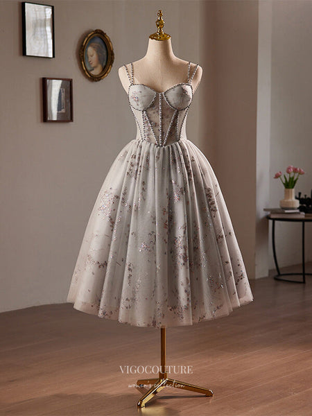 Grey Sparkly Lace Hoco 2024 Spaghetti Strap Back to School Dress hc352 – vigocouture