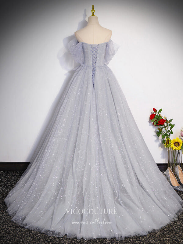 Prom Dress 2025 Grey Sparkly Tulle Prom Dresses Off the Shoulder Bow Evening Gown 24416-unique elegant Prom Dresses-Grey-Custom Size-vigocouture