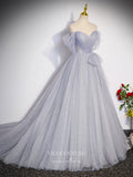 Prom Dress 2025 Grey Sparkly Tulle Prom Dresses Off the Shoulder Bow Evening Gown 24416-unique elegant Prom Dresses-Grey-Custom Size-vigocouture