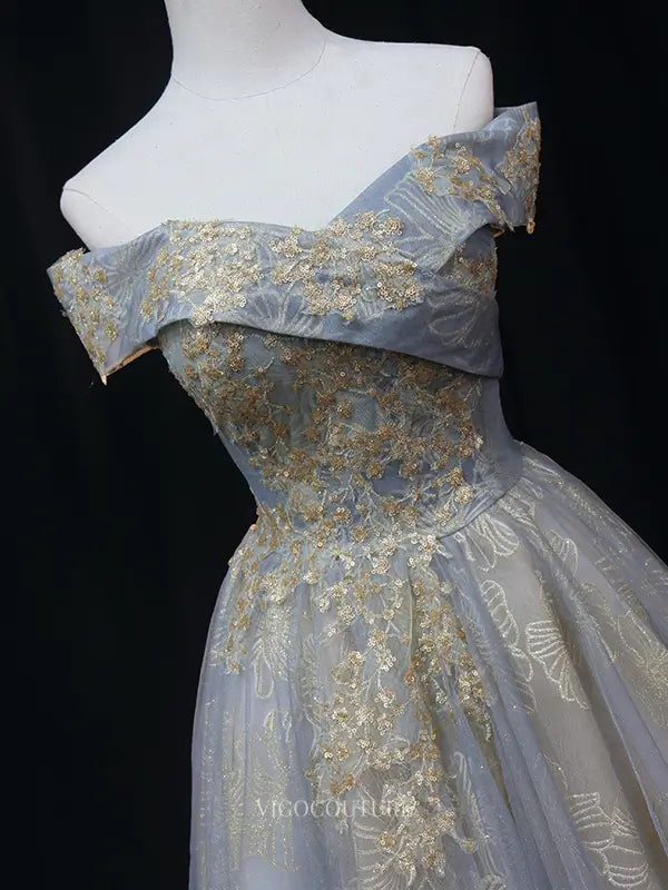 Grey Sparkly Tulle Prom Dresses with Gold Lace, Off the Shoulder Forma vigocouture Grey Sparkly Tulle Prom Dresses with Gold Lace, Off the Shoulder Forma vigocouture
