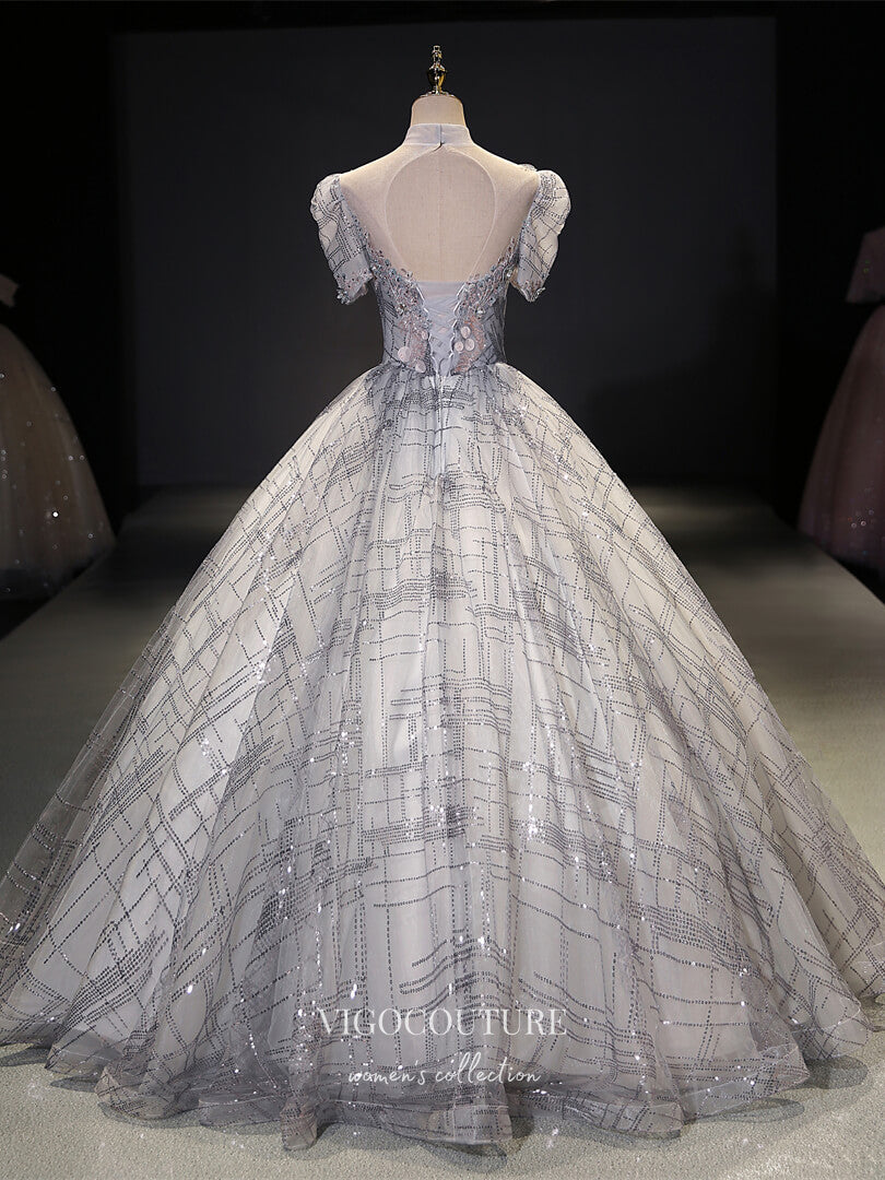 Grey Sparkly Tulle Quinceanera Dresses Lace Applique Sweet 15 Dresses – vigocouture