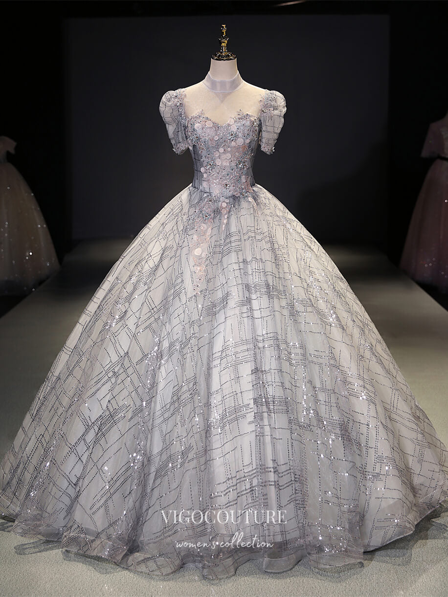 Grey Sparkly Tulle Quinceanera Dresses Lace Applique Sweet 15 Dresses 21419