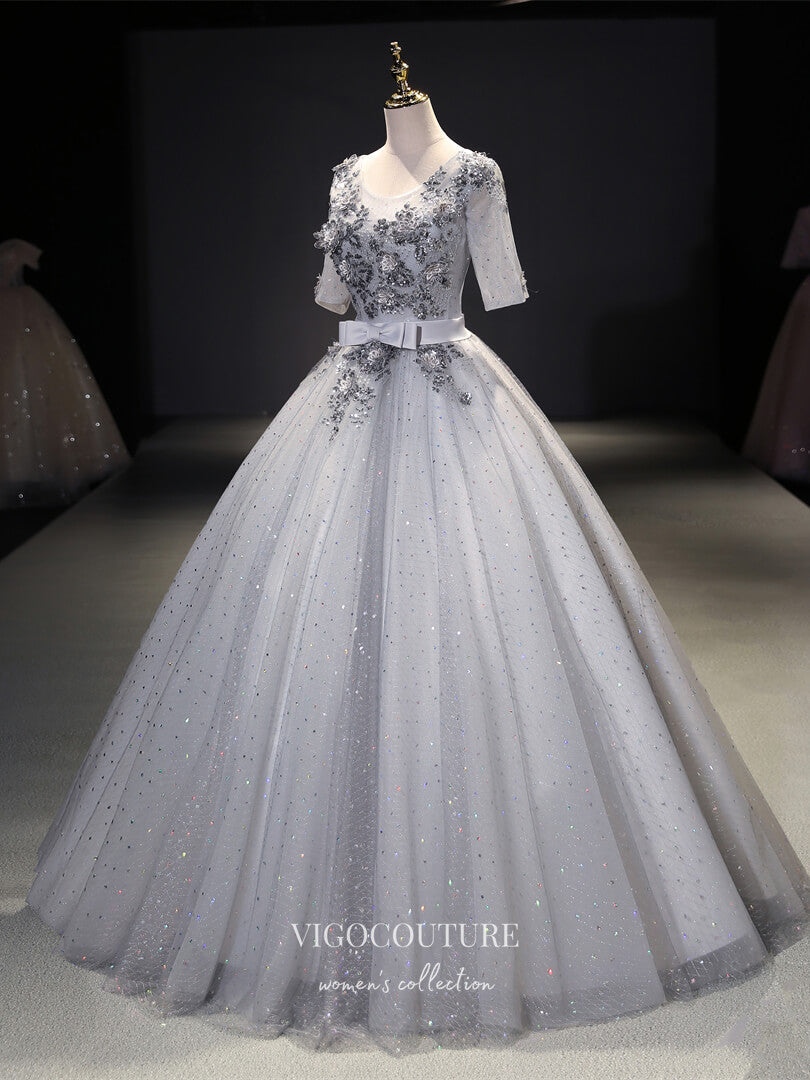 Prom Dress 2025 Grey Sparkly Tulle Quinceanera Dresses Lace Applique Sweet 16 Dresses 21418-unique elegant Prom Dresses-Grey-Custom Size-vigocouture