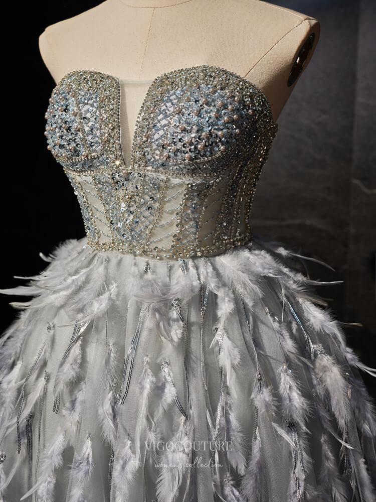 Grey Strapless Feather Homecoming Dress Beaded Graduation Dress hc309 Custom Colors / 24W Grey Strapless Feather Homecoming Dress Beaded Graduation Dress hc309 Custom Colors / 24W