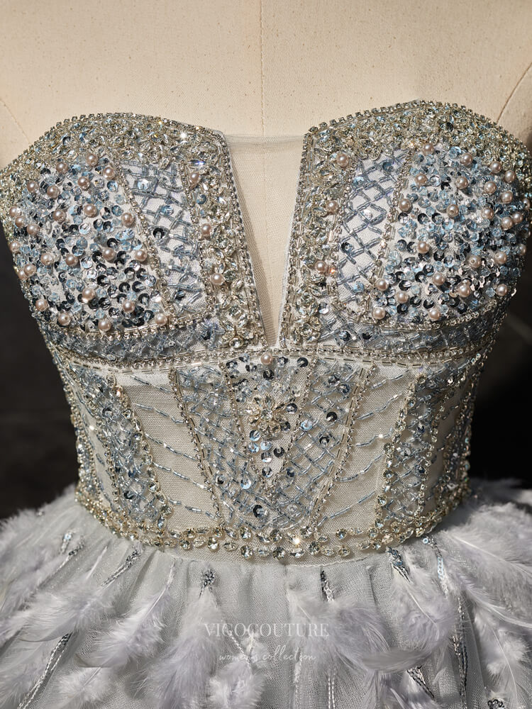 Grey Strapless Feather Homecoming Dress Beaded Graduation Dress hc309 Custom Colors / 24W Grey Strapless Feather Homecoming Dress Beaded Graduation Dress hc309 Custom Colors / 24W