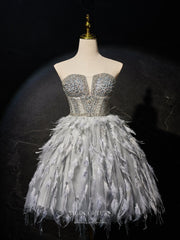 Grey Strapless Feather Homecoming Dress Beaded Graduation Dress hc309