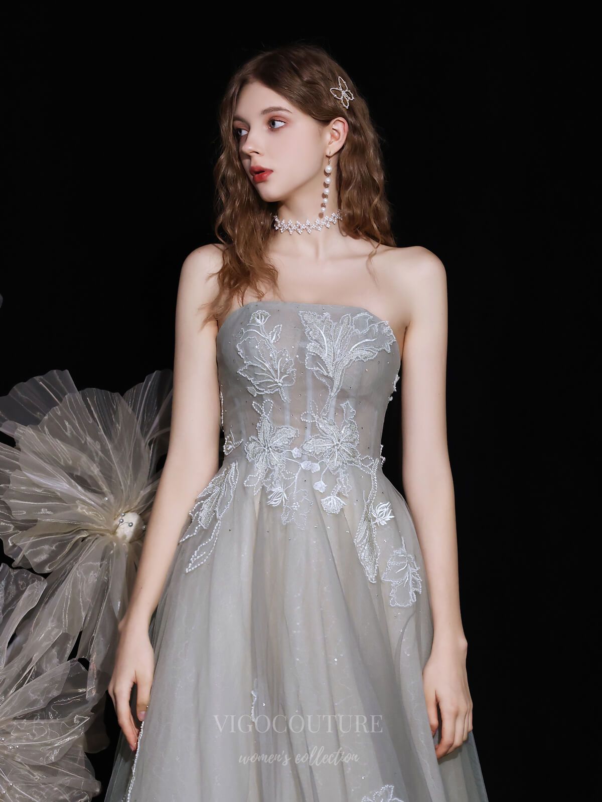 Prom Dress 2025 Grey Strapless Lace Applique Prom Dress 20719-unique elegant Prom Dresses-Grey-US2-vigocouture