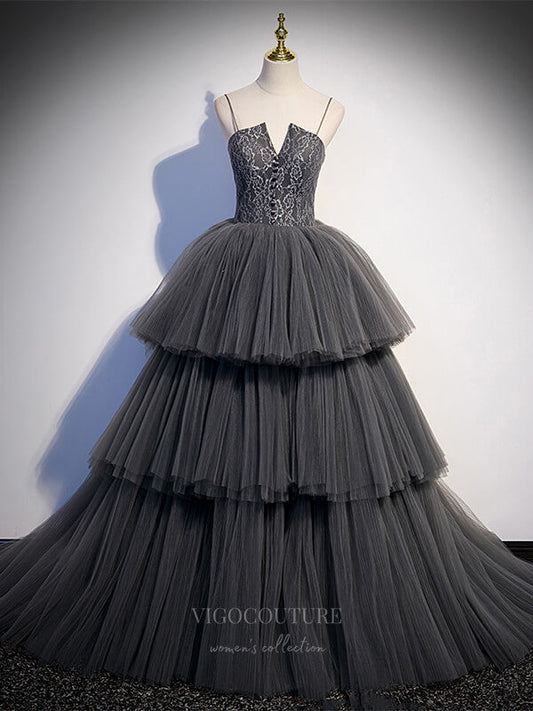 Prom Dress 2025 Grey Tiered Quinceanera Dresses Spaghetti Strap Sweet 16 Dresses 20908-unique elegant Prom Dresses-Grey-Custom Size-vigocouture