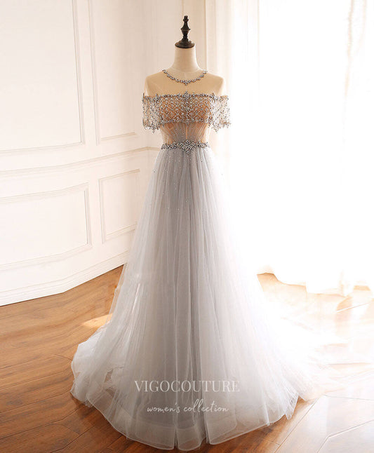 Prom Dress 2025 Grey Tulle Prom Dresses Beaded Evening Dress 21820-unique elegant Prom Dresses-Grey-US2-vigocouture