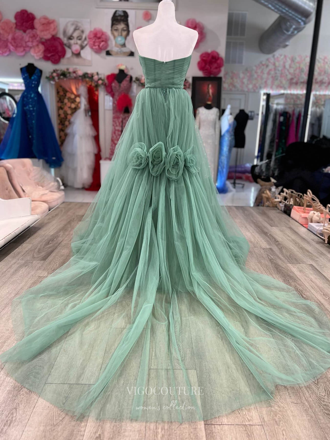 Prom Dress 2025 Greyish Green 3D Flower Strapless Prom Dresses Pleated Bodice 24176-unique elegant Prom Dresses-Green-Custom Size-vigocouture