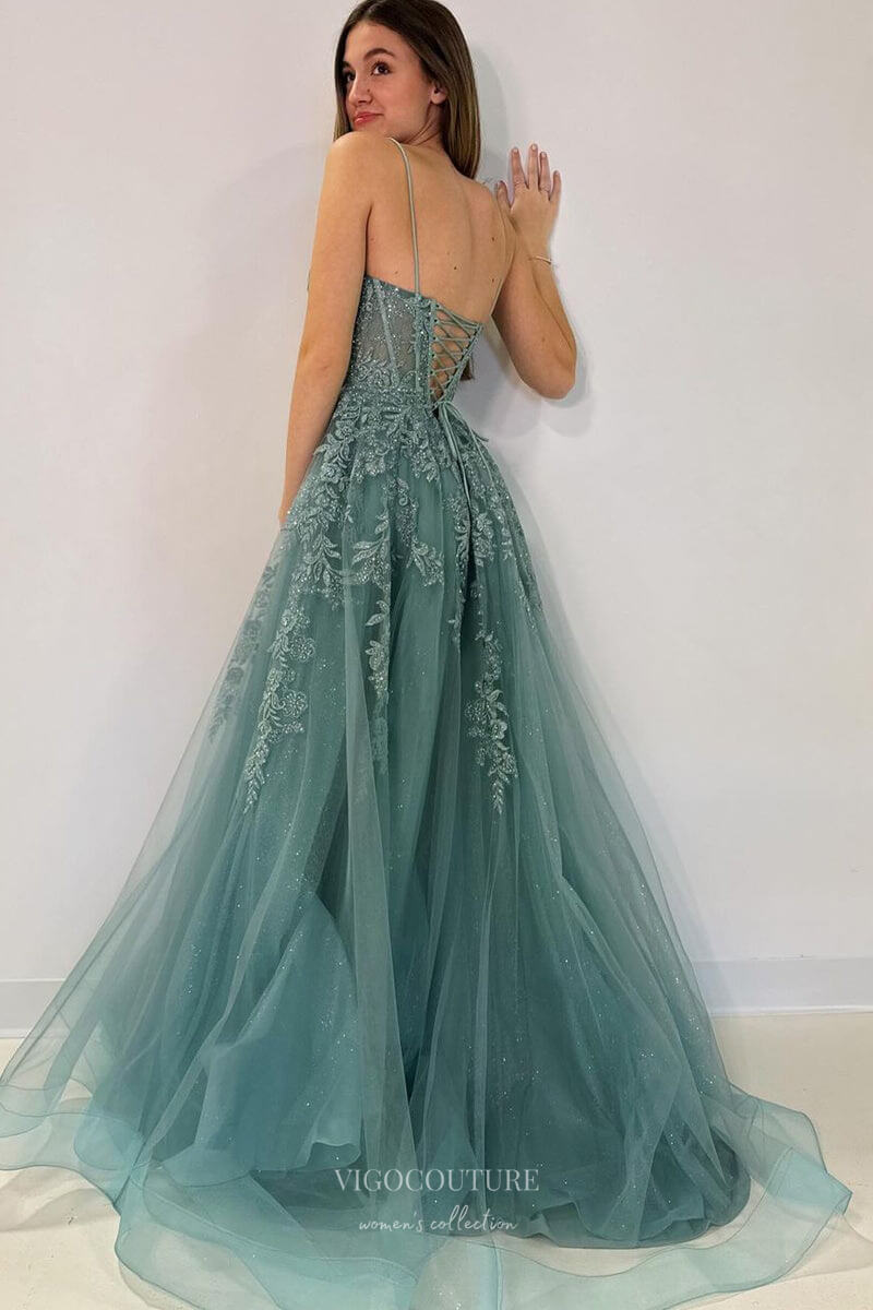 Greyish Green Lace Applique Prom Dresses Sparkly Tulle Spaghetti Strap 24200 Green / 24W Greyish Green Lace Applique Prom Dresses Sparkly Tulle Spaghetti Strap 24200 Green / 24W