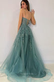 Prom Dress 2025 Greyish Green Lace Applique Prom Dresses Sparkly Tulle Spaghetti Strap 24200-unique elegant Prom Dresses-Green-Custom Size-vigocouture