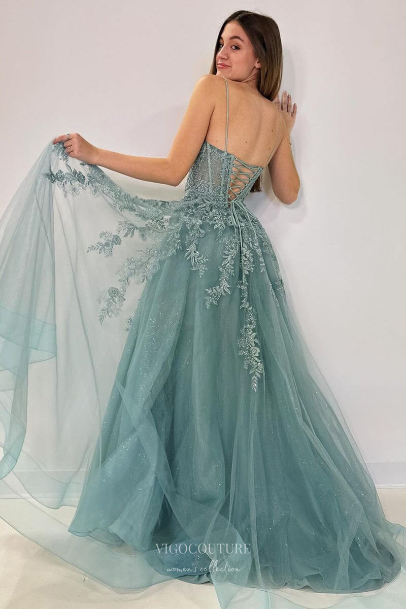 Prom Dress 2025 Greyish Green Lace Applique Prom Dresses Sparkly Tulle Spaghetti Strap 24200-unique elegant Prom Dresses-Green-Custom Size-vigocouture