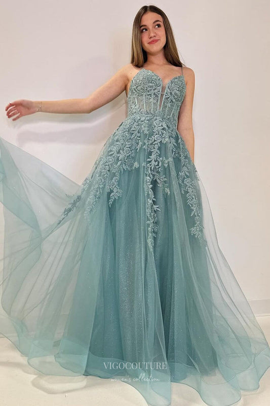 Prom Dress 2025 Greyish Green Lace Applique Prom Dresses Sparkly Tulle Spaghetti Strap 24200-unique elegant Prom Dresses-Green-Custom Size-vigocouture