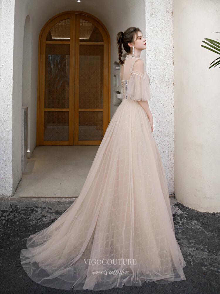 Prom Dress 2025 Half Sleeve High Neck Prom Dress 20245-unique elegant Prom Dresses-Champagne-US2-vigocouture