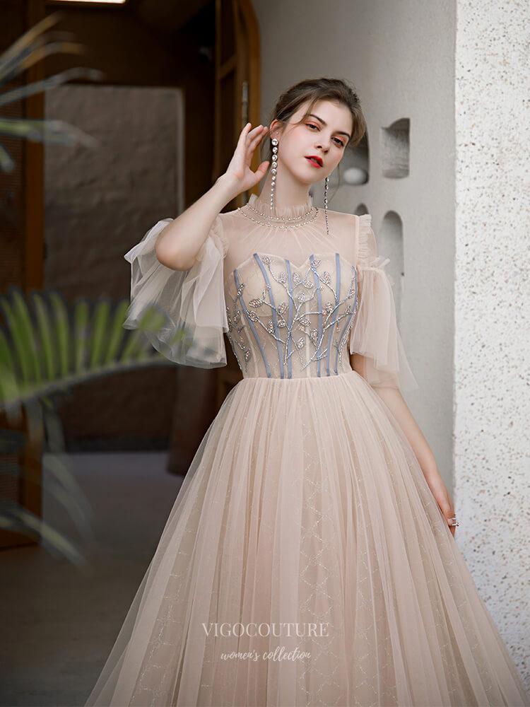 Prom Dress 2025 Half Sleeve High Neck Prom Dress 20245-unique elegant Prom Dresses-Champagne-US2-vigocouture