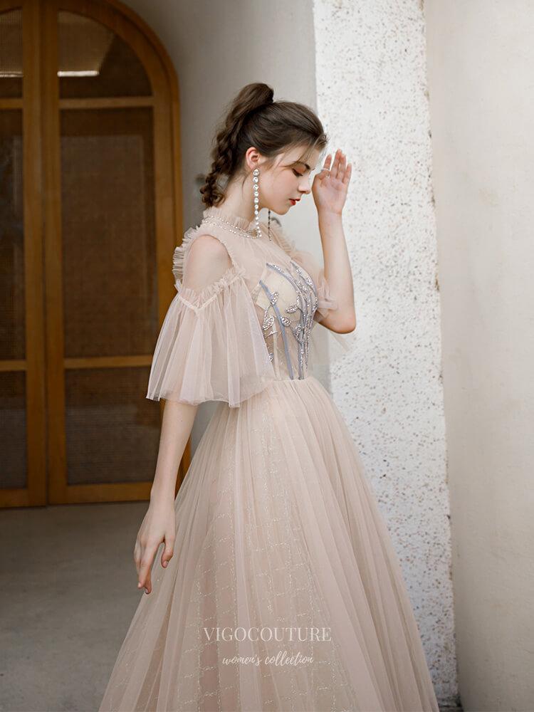 Prom Dress 2025 Half Sleeve High Neck Prom Dress 20245-unique elegant Prom Dresses-Champagne-US2-vigocouture