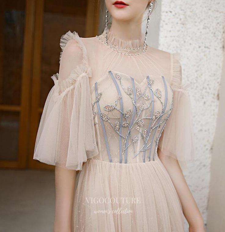 Prom Dress 2025 Half Sleeve High Neck Prom Dress 20245-unique elegant Prom Dresses-Champagne-US2-vigocouture