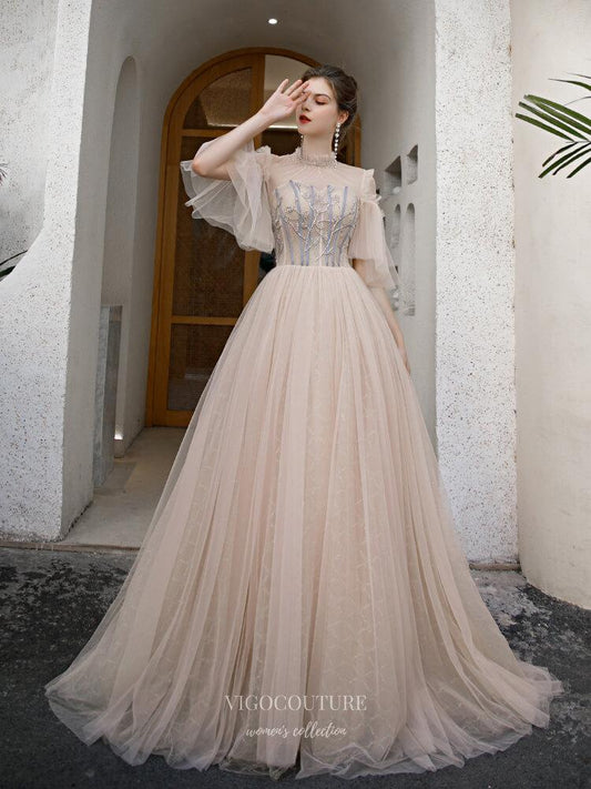 Prom Dress 2025 Half Sleeve High Neck Prom Dress 20245-unique elegant Prom Dresses-Champagne-US2-vigocouture