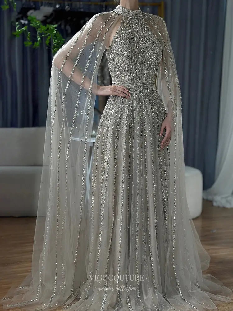 Prom Dresses 2025 to impress High Neck Glitter Tulle Gown with Beaded Cape Overlay – Style 25335-vigocouture-Beige-US2-vigocouture
