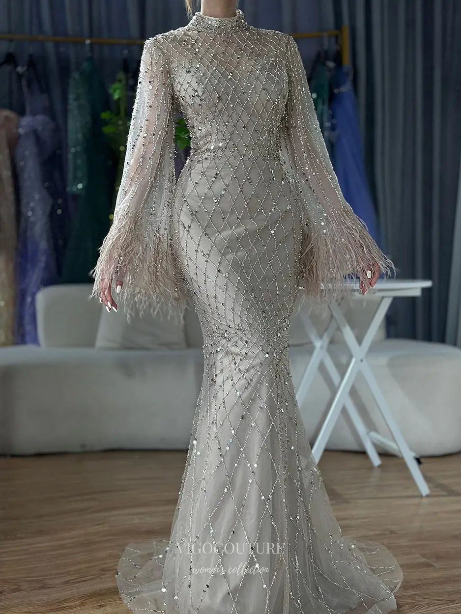 High Neck Sequin Gown with Feather Flare Sleeves Style 25334 Beige / 12 High Neck Sequin Gown with Feather Flare Sleeves Style 25334 Beige / 12
