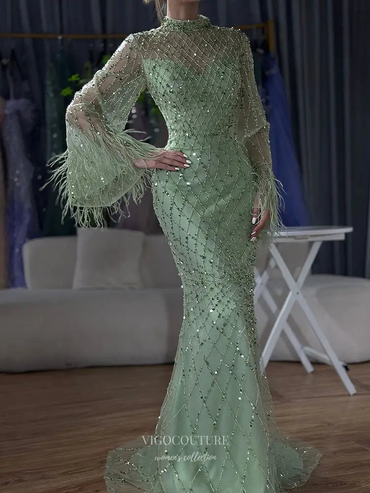 High Neck Sequin Gown with Feather Flare Sleeves Style 25334 Beige / 12 High Neck Sequin Gown with Feather Flare Sleeves Style 25334 Beige / 12