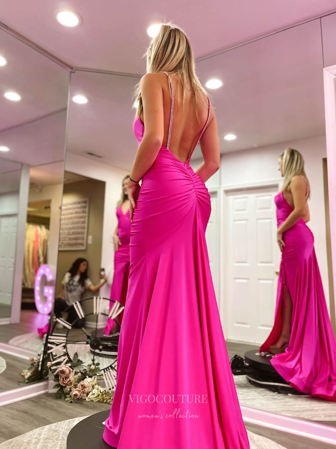 Prom Dress 2025 Hot Pink Beaded Spaghetti Strap Satin Prom Dresses with Slit Mermaid Pleated Bodice 24079-unique elegant Prom Dresses-Hot Pink-Custom Size-vigocouture