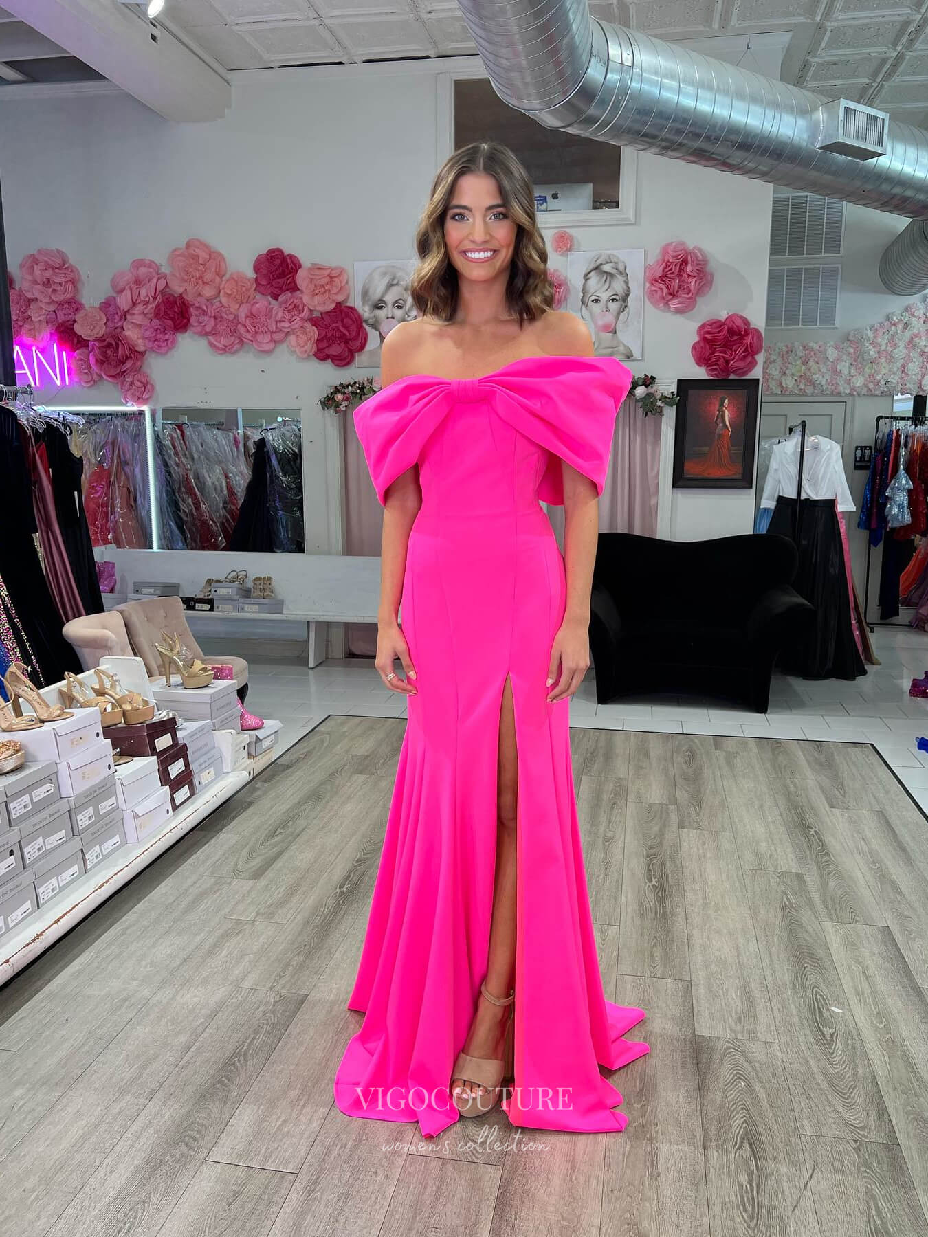 Prom Dress 2025 Hot Pink Bow Off the Shoulder Prom Dresses with Slit Satin Mermaid Evening Dress 24192-unique elegant Prom Dresses-Hot Pink-Custom Size-vigocouture