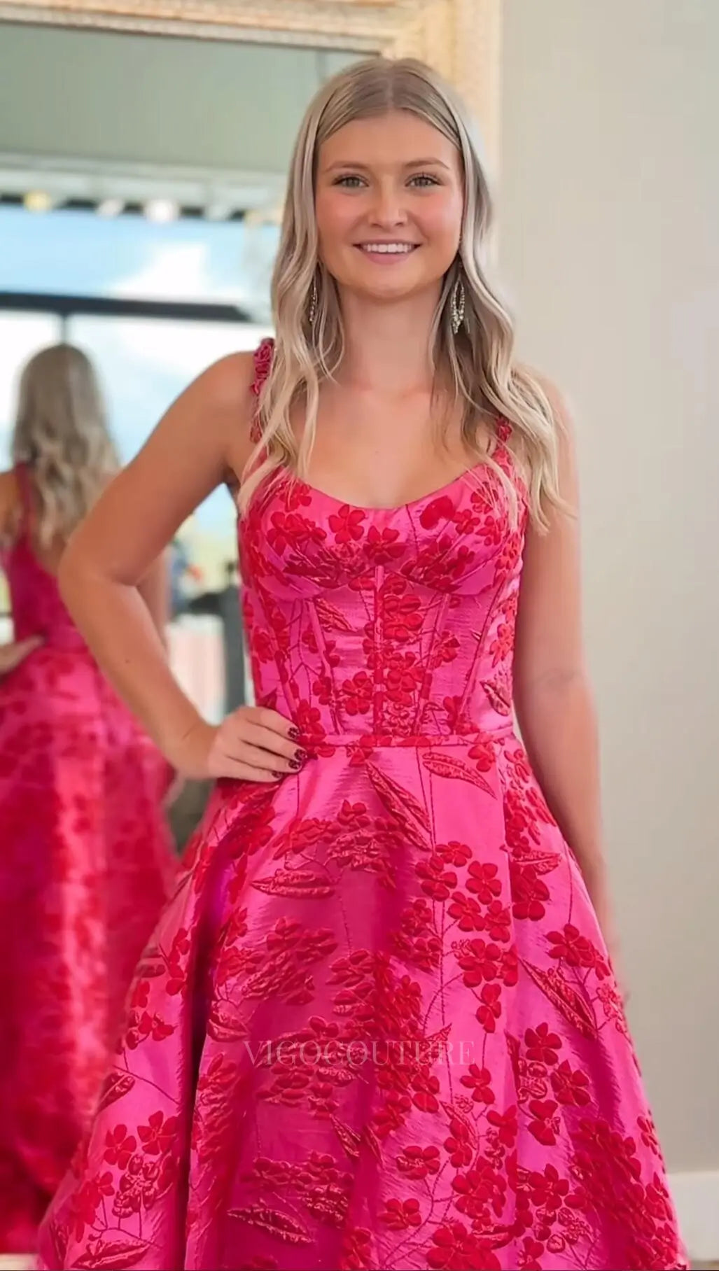 Hot Pink Floral Jacquard Prom Dress with Scoop Neck – TH003 – vigocouture