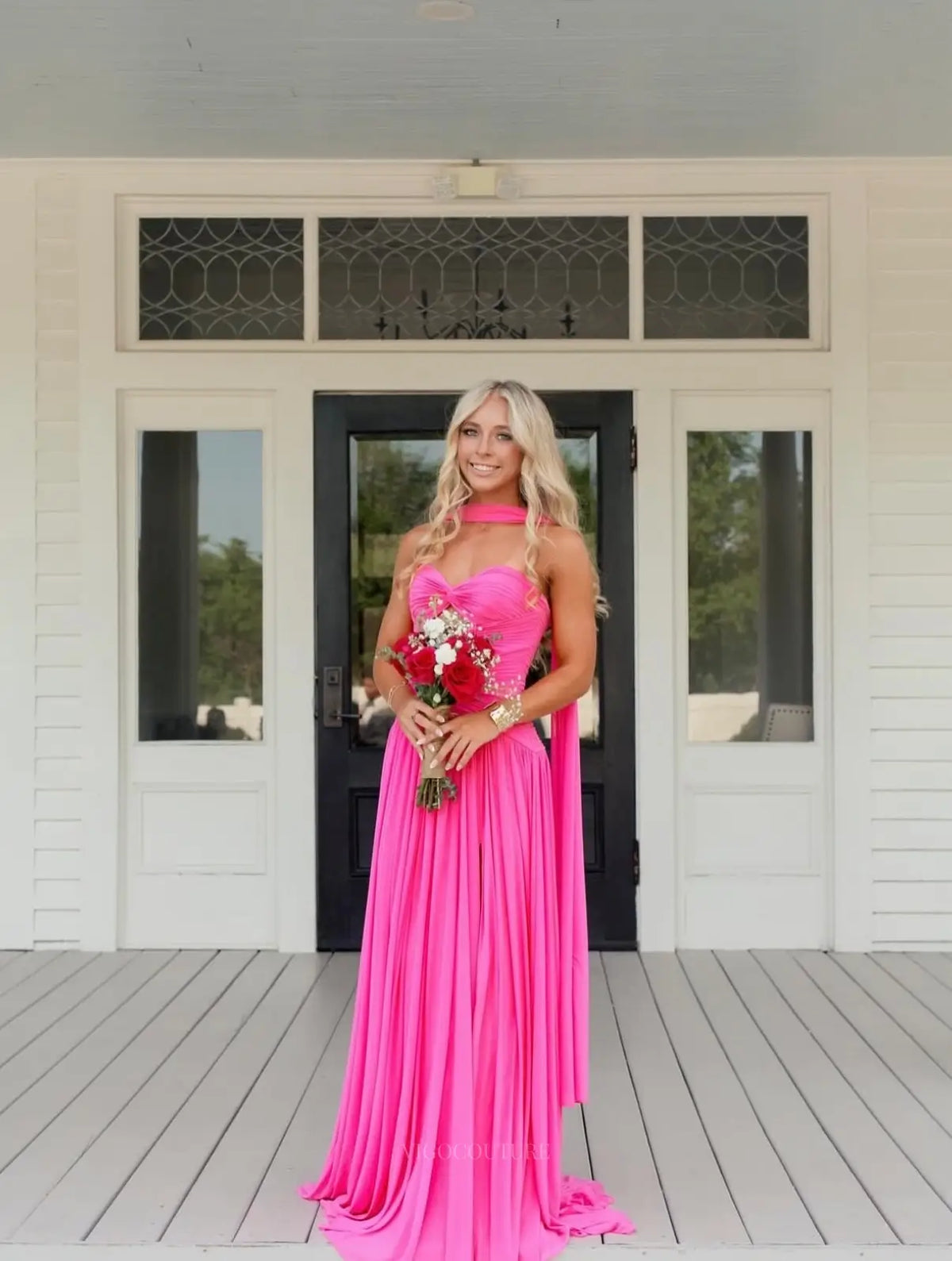Prom Dresses 2025 to impress Hot Pink Jersey A-Line Prom Dress with Ruched Sweetheart Bodice, Drop Waist and Neck Scarf - P26036-vigocouture-vigocouture