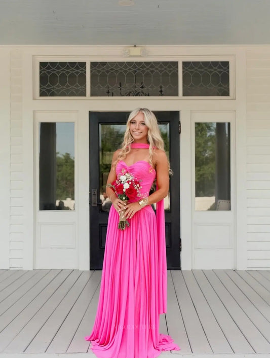 Prom Dresses 2025 to impress Hot Pink Jersey A-Line Prom Dress with Ruched Sweetheart Bodice, Drop Waist and Neck Scarf - P26036-vigocouture-vigocouture