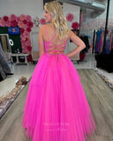 Prom Dress 2025 Hot Pink Lace Applique Cheap Prom Dresses Pleated Tulle Spaghetti Strap 24340-unique elegant Prom Dresses-Hot Pink-Custom Size-vigocouture